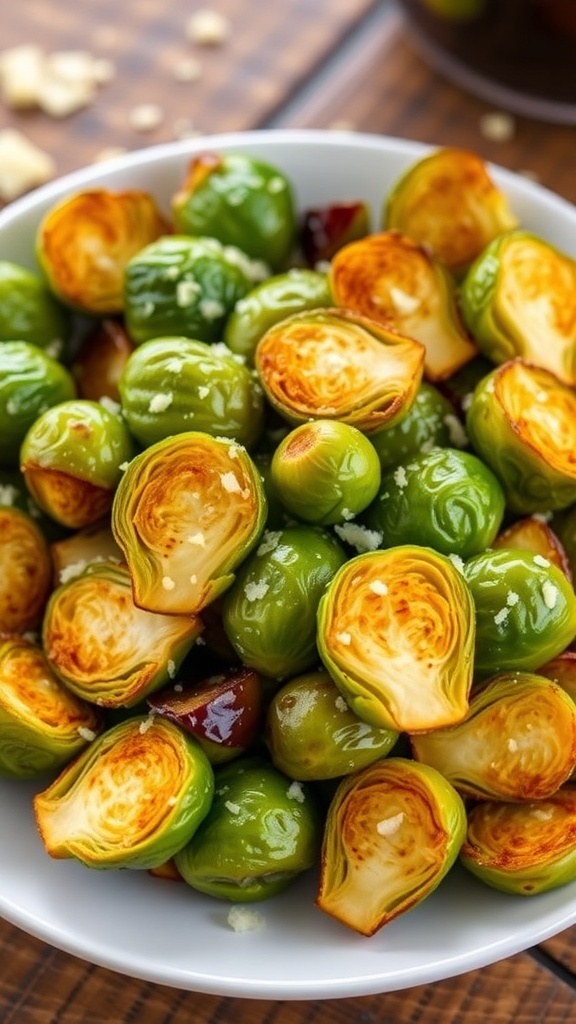 Crispy air fryer Brussels sprouts garnished with Parmesan cheese on a rustic plate.